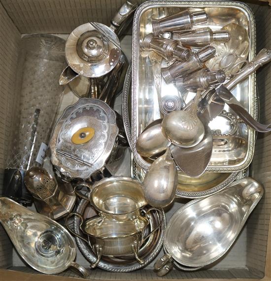 A large quantity of plated wares including entree dishes, a claret jug, etc.